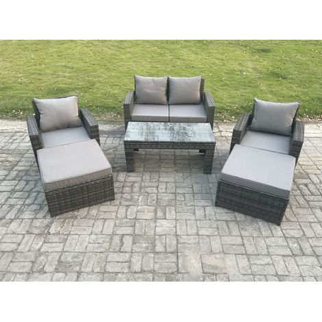 Fimous 6 Seater High Back Rattan Garden Furniture Sofa Sets with Rectangular Coffee Table Armchair 2 Big Footstool Dark Grey Mixed (1/5)