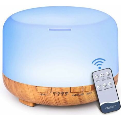 500ml Essential Oil Diffuser - Yellow Wood Grain - 7 LED Lights - Cool Mist for Large Room - Remote Control Included (1/5)