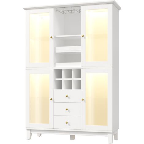 Armoire à vin avec éclairage LED commandé par application, 180,5 x 120 x 40 cm, 3 tiroirs, porte-verres et porte-bouteilles, noir/blanc (1/5)