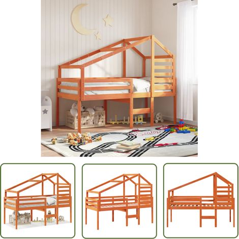 The Living Store Hochbett mit Dach Wachsbraun 90x190 cm Massivholz Kiefer - Kinderbett - Hochbett - Holzbett - Kiefernholzbett - Jugendzimmer (1/5)