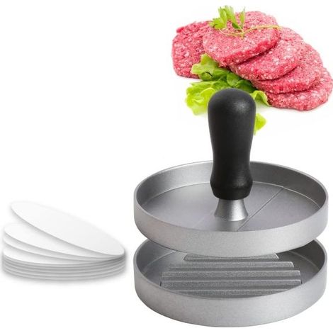 à Burger Moule Steak Haché en Aluminium Revêtement Antiadhésif + 100 Feuilles De Papier Sulfurisé, Ustensiles Cuisine pour Faire Délicieux Hamburgers, Galettes Et Barbecues, gris clair (1/5)