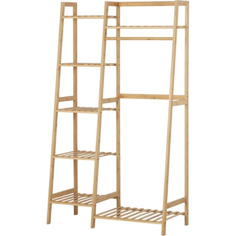 Porte-vêtements sur pied avec 7 étagères pour couloir chambre 140 x 80,5 x 38,5 cm en bambou bois naturel (1/2)