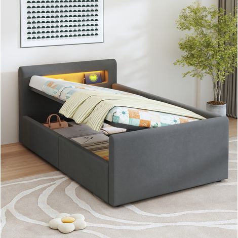 lit coffre enfant 90x200 cm avec LED et port USB, en velours gris foncé, sans matelas (1/5)