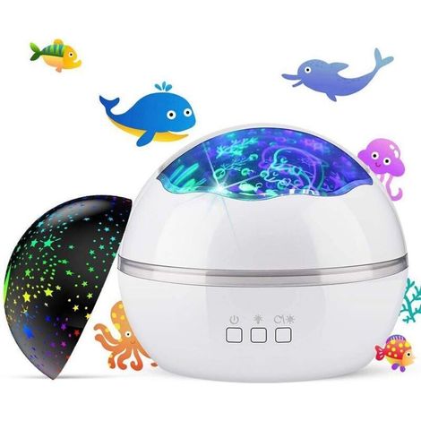 Veilleuse projecteur étoiles 2 en 1 avec lune et animaux marins, rotatif multicolore pour enfants (1/4)