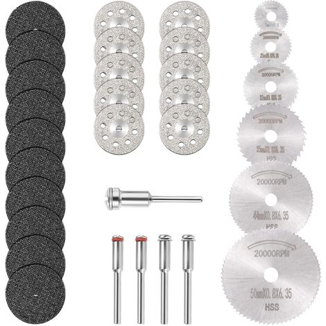 Mini Disque Diamant à Tronçonner & Mini Lame de Scie Circulaire HSS & Mini Disque de Coupe en Résine (3mm Mandrins) pour Bois Pierre Métal - Paquet de 30Pcs (1/4)