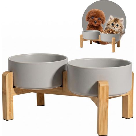 Elevated Cat and Dog Bowls - Double Ceramic Bowls with Bamboo Stand - Ideal for Cats and Puppies - 2 x 480 ml (1/5)