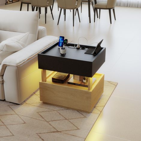 Table de chevet intelligente charge sans fil, USB, 2 tiroirs, noir/bois naturel, OKWISH (1/5)