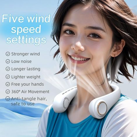 Ventilador de Cuello Sin Aspas, 5 Velocidades y Pantalla LED, Diseño Ergonómico Inalámbrico – Ideal para Oficina, Hogar y Viajes al Aire Libre (1/3)