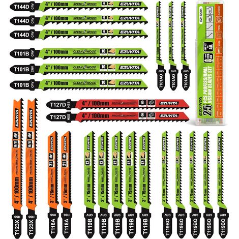 Lot de 25 Lames de Scie Sauteuse, Tige en T, Acier, Bois, Plastique, Métal, Rangement (1/5)