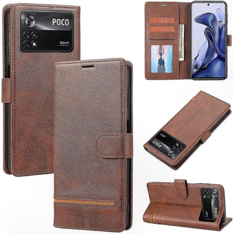 Portefeuille Cuir Véritable pour Xiaomi Poco X4 Pro 5G, Coque Flip avec Fermeture Magnétique, Étui à Rabat avec Cartes, Protection Complète, Noir (1/4)