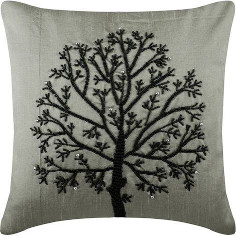 Taie d'oreiller de style européen, argentée, 65 x 65 cm (26 x 26 pouces), taie d'oreiller en soie, motif floral naturel en perles, taie d'oreiller moderne de style européen - Arbre de Vie argenté.
