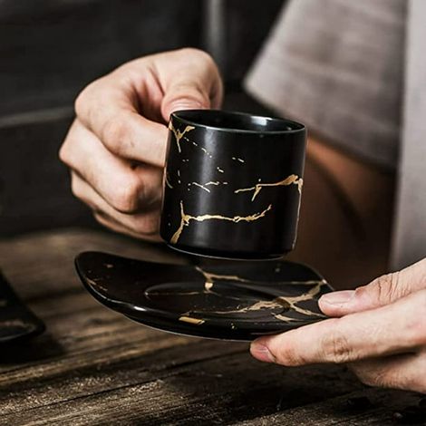 Tasse à Café Élégante avec Sous-tasse, 4 oz - Céramique Premium Marbrée Dorée - Tasse Espresso, Cappuccino, Latte, Thé, Mug Italien de Luxe (1/5)