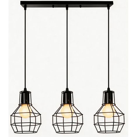 Vintage Pendant Light, Metal Iron Shade, Adjustable Cable, 3-Lights, Black, E27 Bulbs, Industrial Style (1/5)