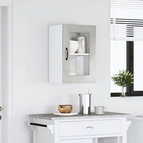 Meuble de Rangement Mural pour Cuisine avec Porte en Verre, Style Industriel Moderne, Couleur Gris Béton (1/5)