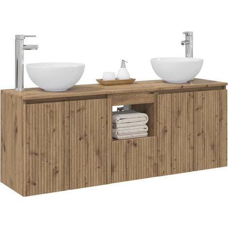 Ensemble Meuble de Salle de Bain 3 Pièces en Chêne Massif Artisanal, Vasque avec Robinet et Miroir, Design Moderne pour WC (1/5)