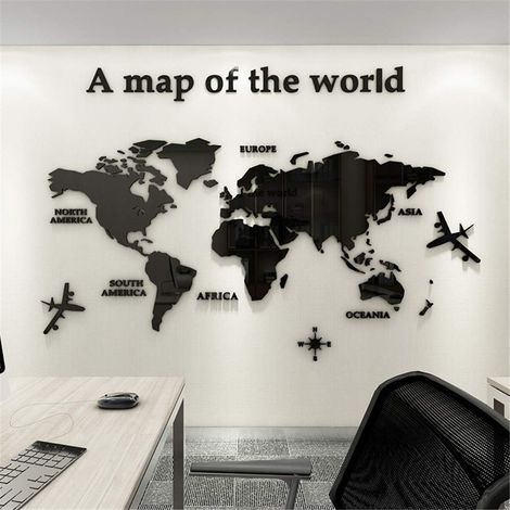NineClouds Carte du Monde 3D Stickers Muraux Décoration Murale Pour Maison Bureau étude Salon Canapé Fond Stickers Murau En Trois Dimensions Décoration (noir,M) (1/5)