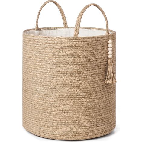 Grand panier à linge en osier tissé - Panier de rangement décoratif en corde naturelle - Décoration de perles en bois pour couvertures, jouets, vêtements, chaussures, plantes - Panier de (1/5)