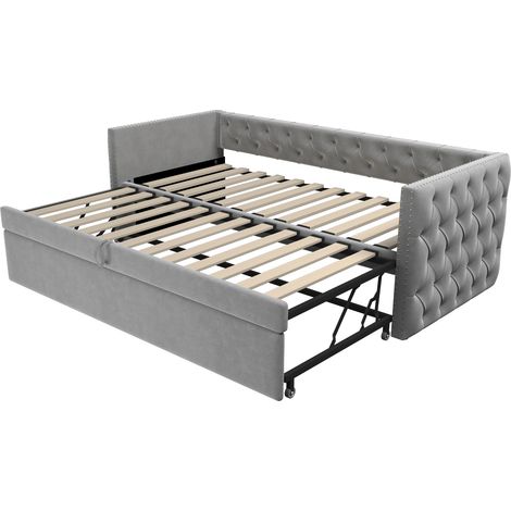 Lit rembourré, canapé-lit escamotable 90200 cm avec sommier à lattes, lit multifonctionnel pour invités, tissu velours doux pour la peau, gris clair (matelas non inclus), ancien SKU LDU00233AAG (1/5)