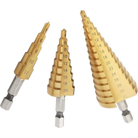 Lot de 3 forets étagés HSS titane, queue hexagonale, métrique, pour bois et métal