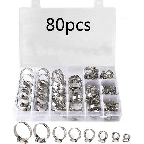 BRAVIX Collier de serrage en acier inoxydable, en boîte de 80 pièces, collier de serrage pour tuyau de gorge, joint de tuyau d'eau, ensemble de colliers de serrage américains à une seule oreille