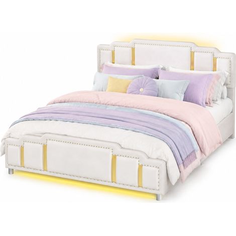 Cama hidráulica 140 x 200 cm beige en terciopelo con cabecero y pie de cama con ribete dorado (1/5)