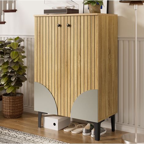 Meuble à chaussures 60x32x94 cm en bois naturel, gain de place pour entrée, FloraGrace (1/5)