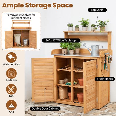 Table de rempotage en bois de sapin naturel avec plateau en acier inoxydable et étagères amovibles pour jardin, terrasse et serre (1/5)