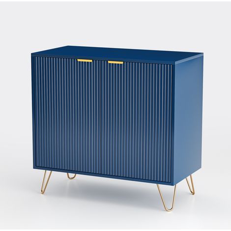 Rechteckiges Buffet mit 2 Stauraumtüren, gestreiftes Design, Metallfüße, Regale, skandinavische Ästhetik, Holz-Living-Möbel - Blau (1/5)