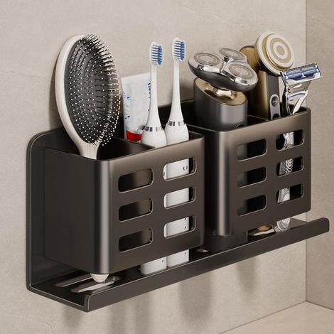 Soporte autoadhesivo de aluminio para cepillo de dientes, pasta de dientes, maquinilla de afeitar y peine, Organizador de baño (1/5)
