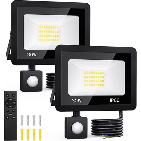 Projecteurs LED 30 W - Lot de 2 - Avec détecteur de mouvement - Éclairage extérieur - Avec télécommande - Lumière blanche froide 6500 K - Étanchéité IP66 - Convient pour les jardins, garages, terrasse (1/5)