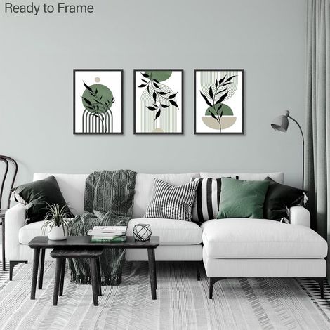Boho-Wandbild in Salbeigrün, minimalistisches abstraktes geometrisches botanisches Wanddekor, modernes Poster für Wohnzimmer, Schlafzimmer, Badezimmer, 30 x 40 cm, ungerahmt, 3er-Set (1/5)