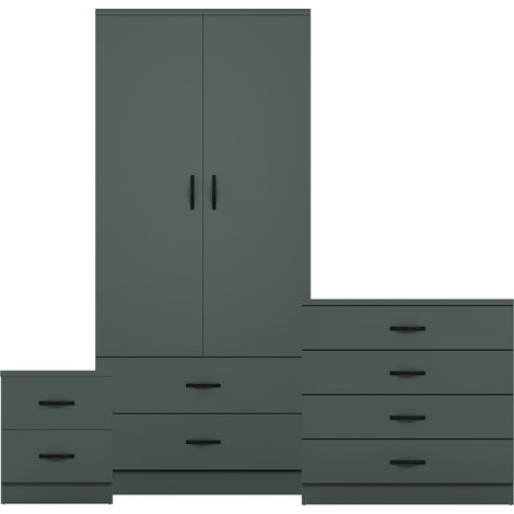 Riano 3 Piece Bedroom Set (2 Drw Bedside Chest, 4 Drw Chest, 2 Dr 2 Drw Wardrobe), Green (1/3)