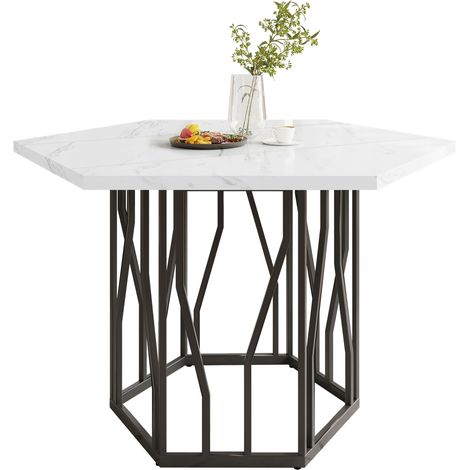 Esstisch Stuhl Set sechseckig Marmoroptik 5 teilig OKMYHOME (1/5)
