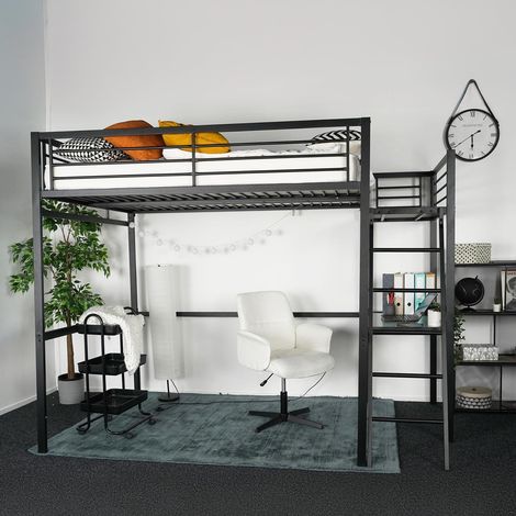 Lit Mezzanine 2 Places 140x190cm avec Sommier à Lattes et Bureau avec Chaise, en Verre et métal, Style Industriel, pour Enfant Chambre à Coucher Maison, Noir + Blanc (1/5)
