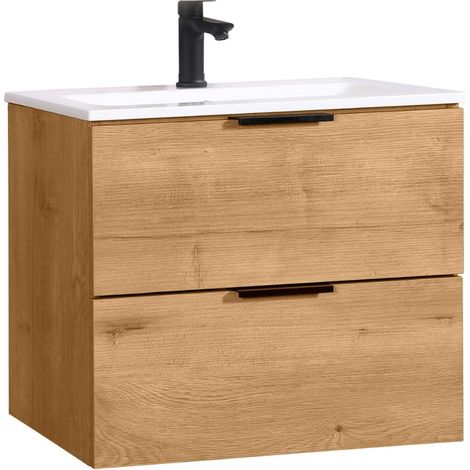 Kometmöbel Meuble Vasque Suspendu 60 cm Chêne - Ensemble Salle de Bain avec 2 Tiroirs Soft-Closing (Chêne 60cm, Sans Robinet) (1/5)