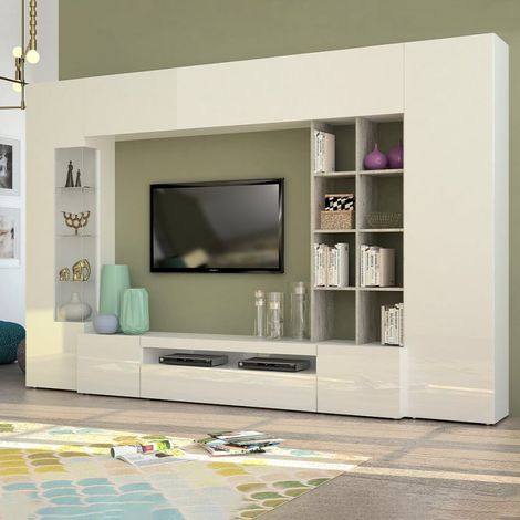 Ensemble de meubles de salon mural avec meuble TV – Finition blanc laqué et béton gris – Dimensions 200x40x35 cm – Fabrication italienne
