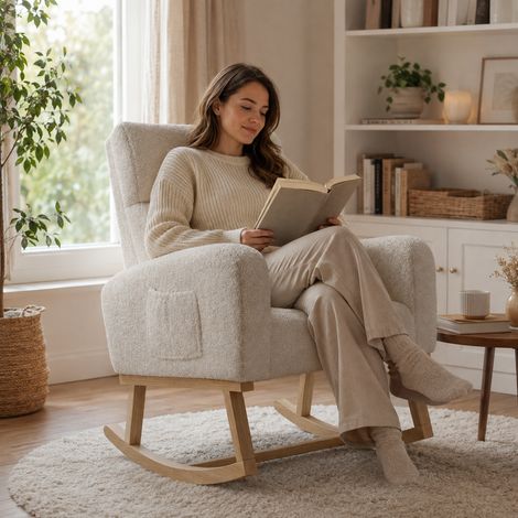 Fauteuil à Bascule, Rocking Chair Pieds en Bois Massif, Accoudoir avec Poche Latérale de Rangement, Dossier Haut, Tissu Teddy Beige