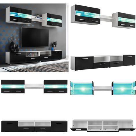 TV-Wohnwand-Set 5-tlg. LED-Leuchten Hochglanz-Schwarz - TV-Wandboard - Fernsehschrank - Wohnzimmermöbel - Regal - Holzmöbel - Home & Living