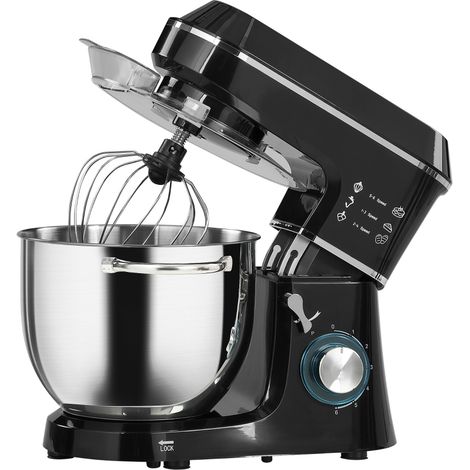 Robot pâtissier planétaire 1400 W avec bol de 7 L, 6 vitesses, crochet pétrisseur, fouet et batteur, noir