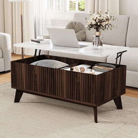 Table Basse Relevable 105 cm, Réglable en Hauteur avec Bois - Grand Coffre de Rangement avec Charnières Sécurisées, Style Rustique - Marron