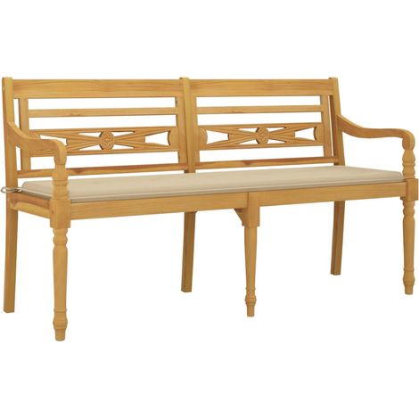 Banc de jardin meuble de patio d'extérieur terrasse avec coussin beige 150 x 50 x 3 cm bois de teck massif (1/5)