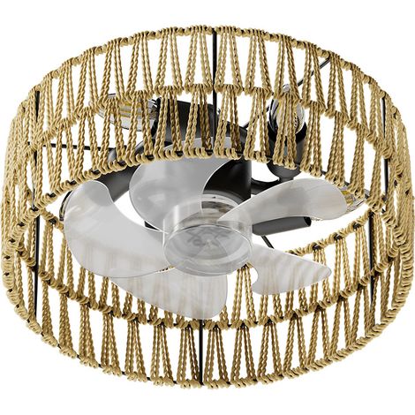 Ventilateur Plafond Rotin 4 Lampes E27, Style Champêtre Rustique avec Ampoules, Suspension Lumineuse Décorative pour Salon, Salle à Manger, Auberge
