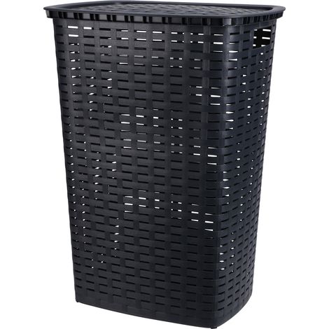 Kunststoff Wäschekorb in Rattan Optik 53 Liter - anthrazit - Wäschebox mit Deckel und Tragegriffen - Wäschetruhe Wäschesammler Wäschetonne mit Griff feuchtraumbeständig