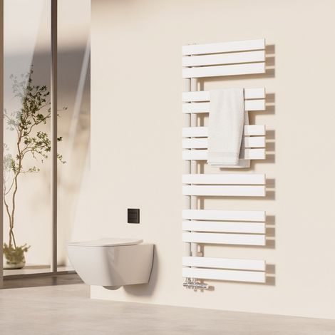 Heilmetz – Sèche-serviettes eau chaude 140x60 cm – Acier inoxydable anti-corrosion – Puissance 800 W – Raccordement latéral – Design asymétrique