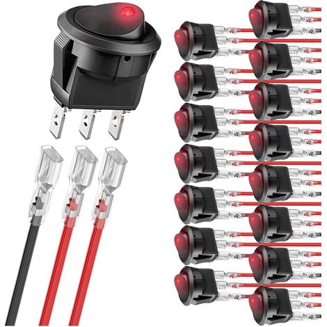 16pcs Round Rocker Switch Red LED 12V 20A 3-Pin Wired LED Light Power On/Off Switch SPST Illuminated Switch, with 48pcs Locking Terminal Wires