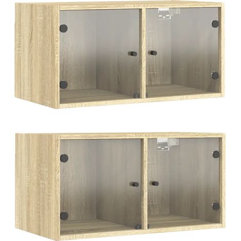 Lot de 2 armoires murales avec portes vitrées rangement pratique 68,5 x 37 x 35 cm en bois d'ingénierie chêne sonoma (1/5)