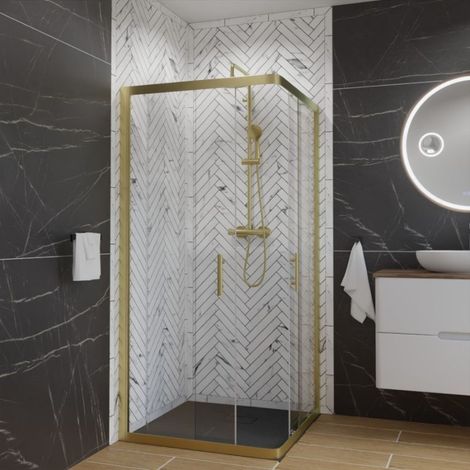 Cuisibane – Paroi de douche d'angle 100 cm x 100 cm – Cadre doré en aluminium – Verre trempé anticalcaire – Système Stop Water pour étanchéité (1/2)