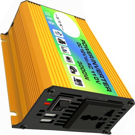 Peaks Power Onduleur Onde Sinusoidale Modifiée 3000W Haute Fréquence Convertisseur 12V CC vers 110V CA Chargeur Voiture Double USB 2.1A Pinces Batterie (1/4)