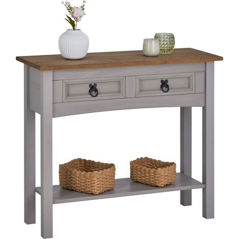 Table console en pin massif gris/naturel – 2 tiroirs de rangement – Dimensions 73 x 88 x 32 cm – Style mexicain – Caro-Möbel (1/5)