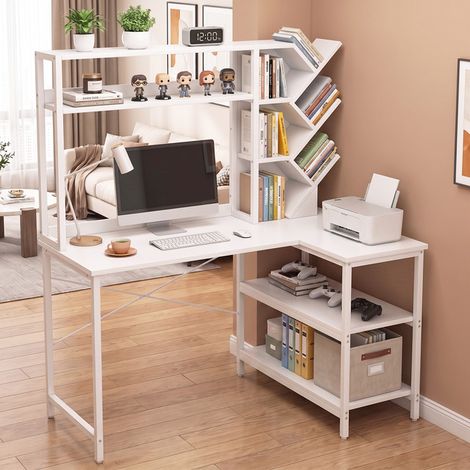 Bureau d'angle blanc en forme de L avec bibliothèque – Bureau d'ordinateur 130 cm avec 5 étagère (1/5)